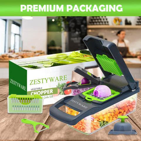 ZESTYWARE 16-in-1 chopper with interchangeable blades for versatile prep tasks.