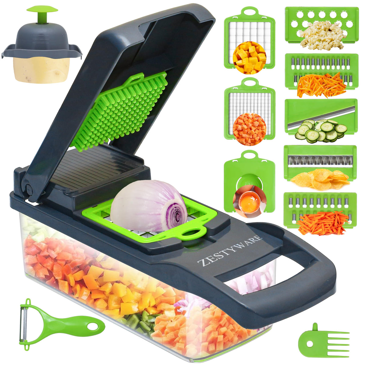 ZESTYWARE vegetable chopper assembly with blades and container for quick meal prep.