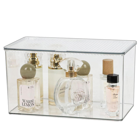 ZEXALOR clear bin in the bathroom stores essentials and shows contents at a glance.