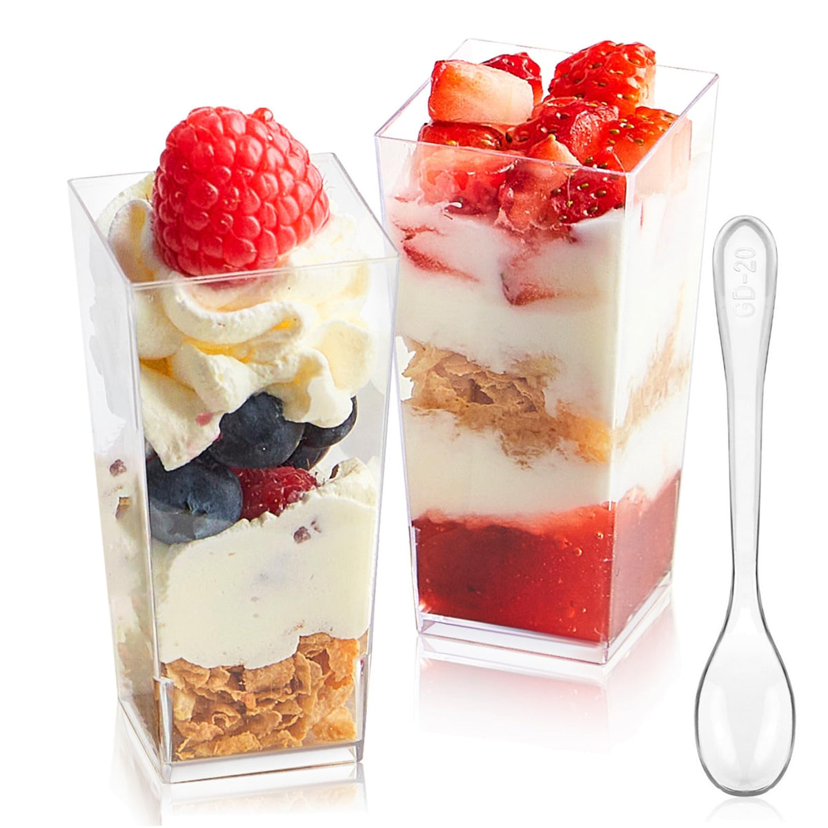 Zezzxu 50-pack mini dessert cups with spoons front view for catering servings.