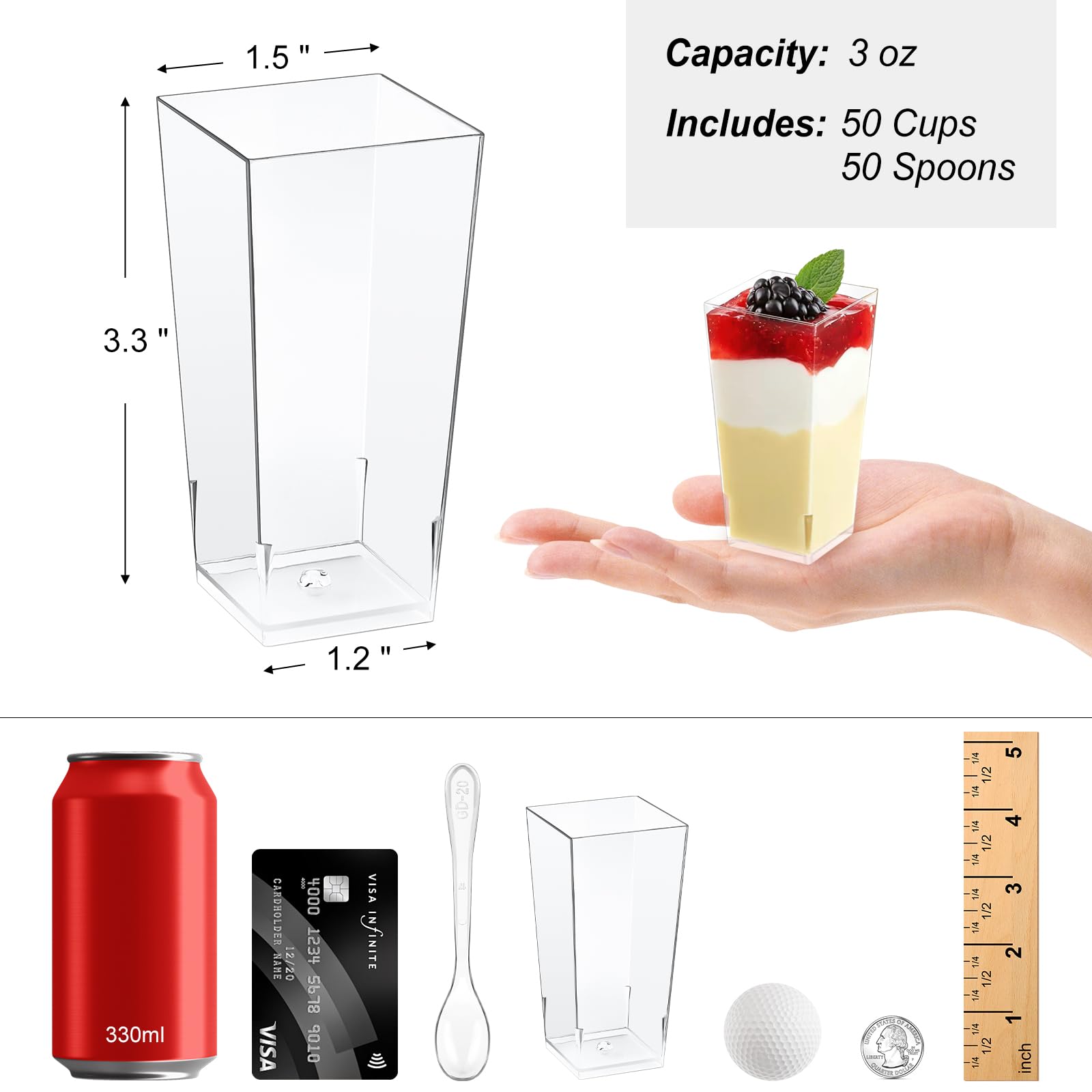 Zezzxu clear square 3oz cup side view for modern dessert presentation.