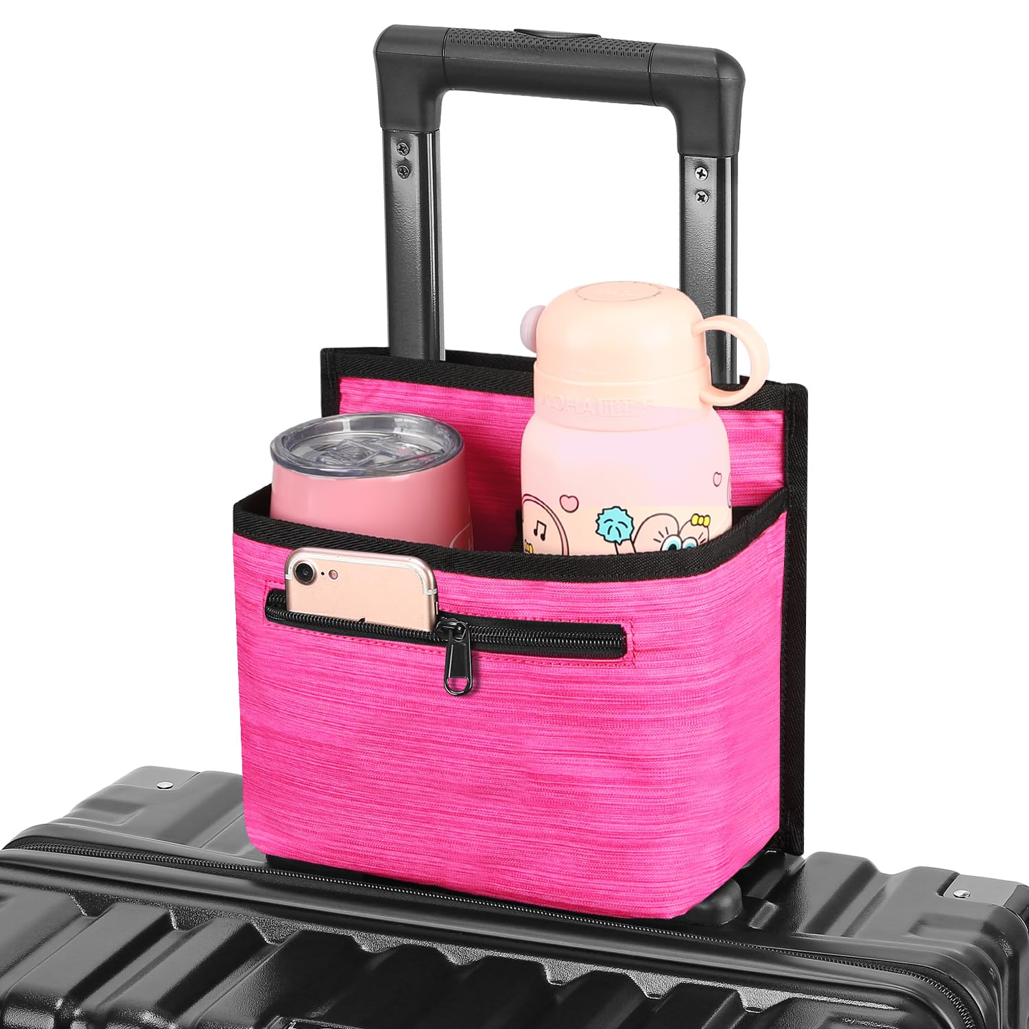 ZHCHG luggage cup holder attached to a suitcase handle keeps drinks secure.