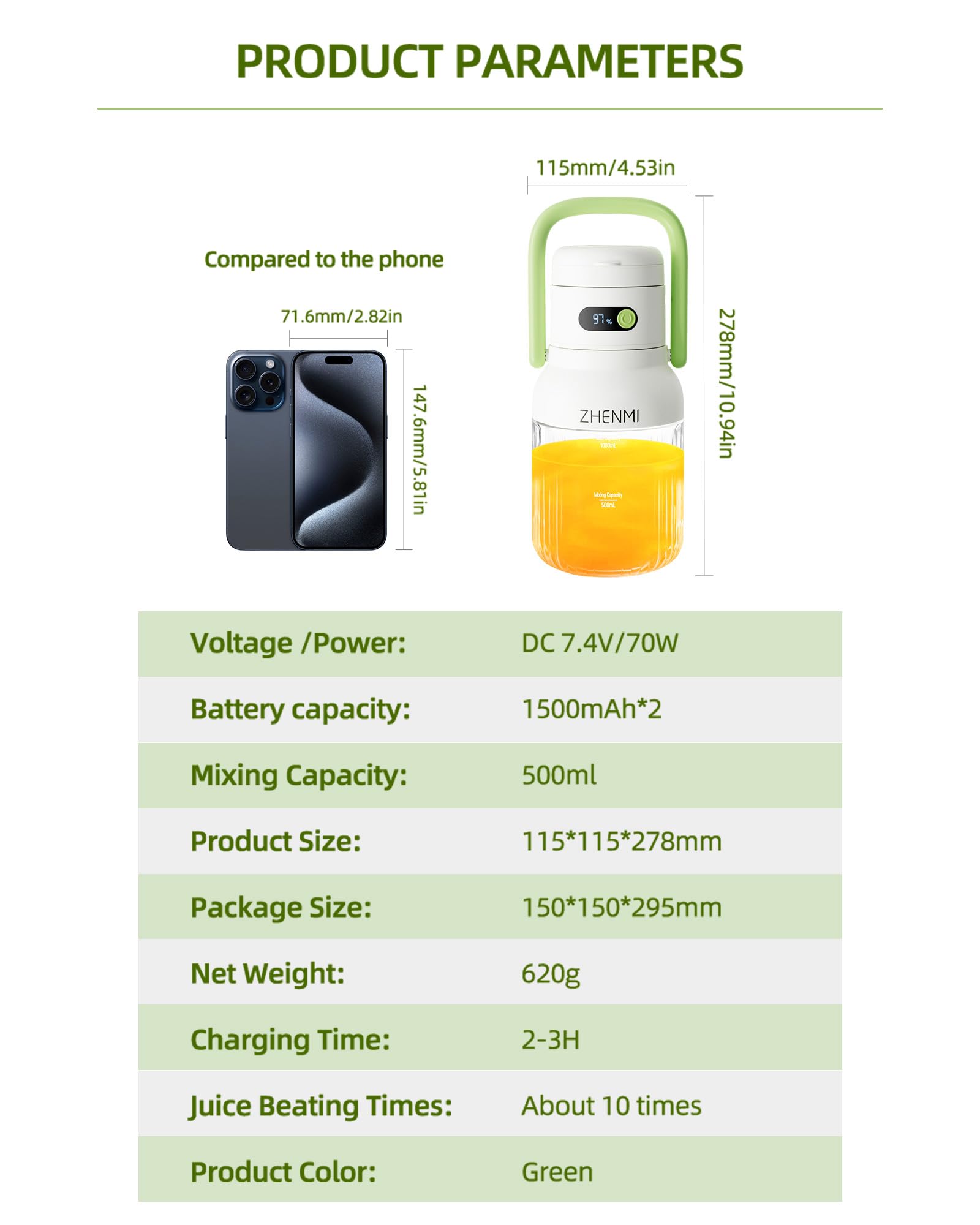 ZHENMI on-the-go blender ideal for gym, travel, or office breaks.