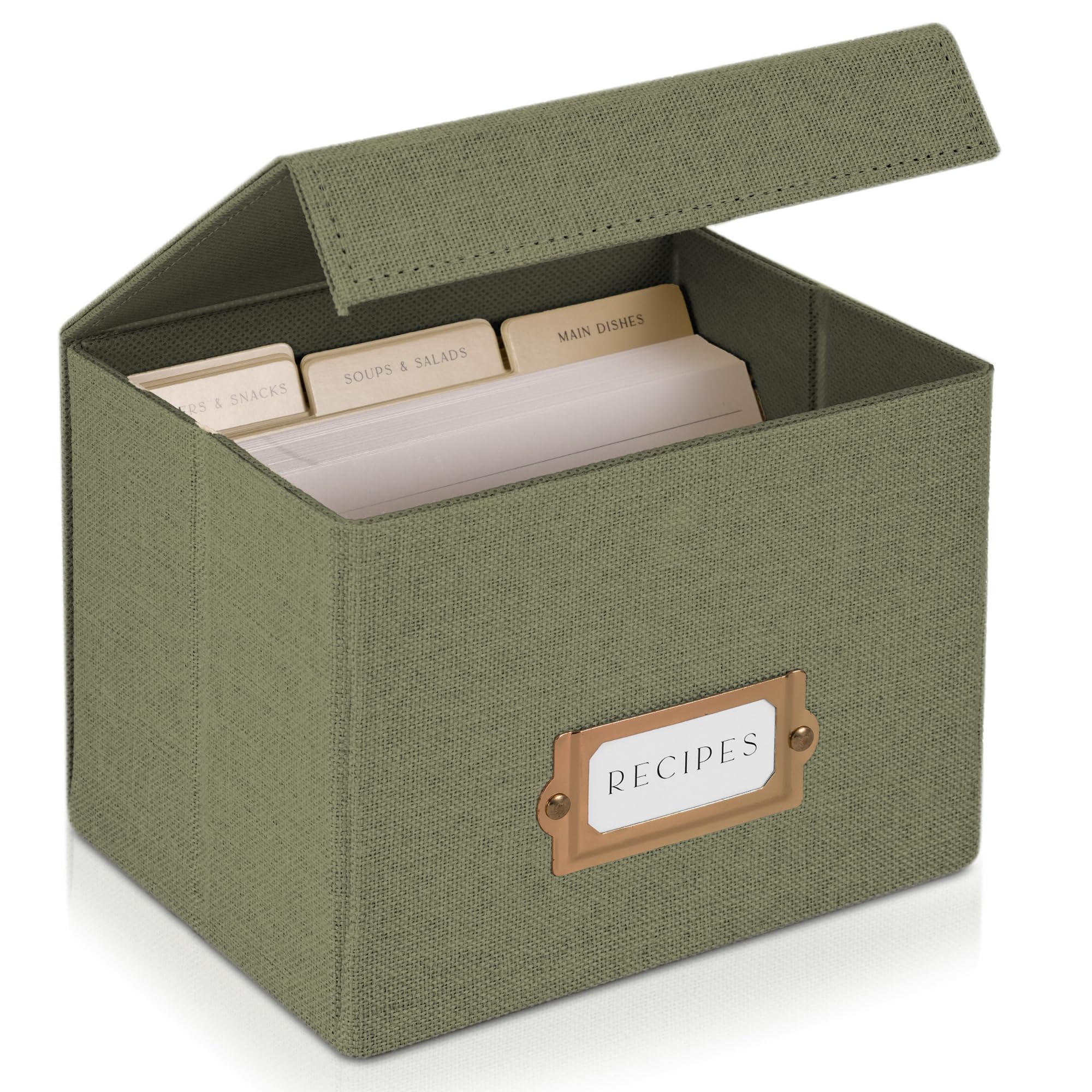 ZICOTO Beautiful Linen Recipe Box front view shows sage color and organized storage