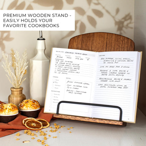 ZICOTO cookbook stand in pinewood with walnut finish adds rustic charm.