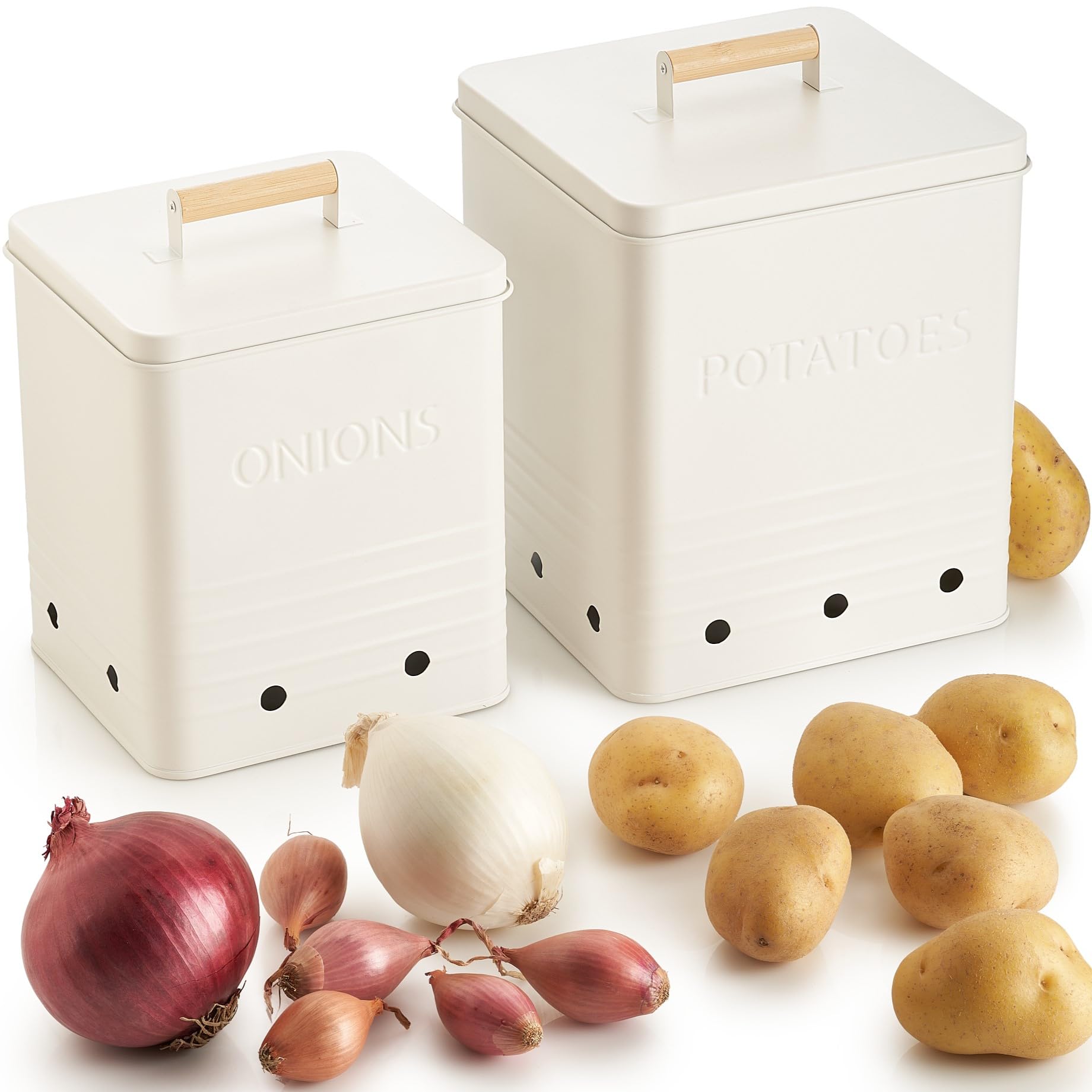 ZICOTO potato bin with lid keeps potatoes organized and fresh on the counter.