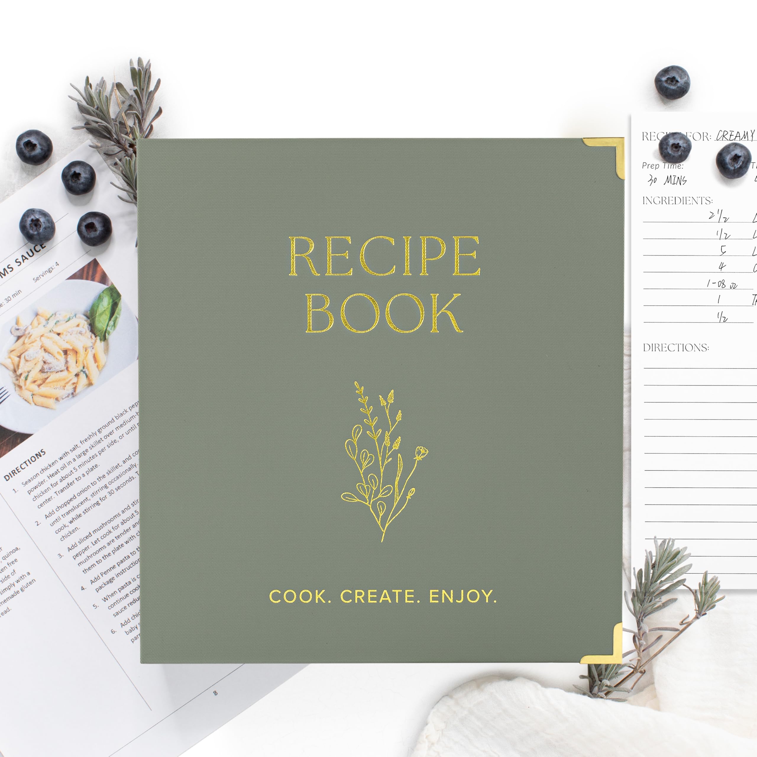 ZICOTO sage-green hard-cover binder adds elegance in the kitchen