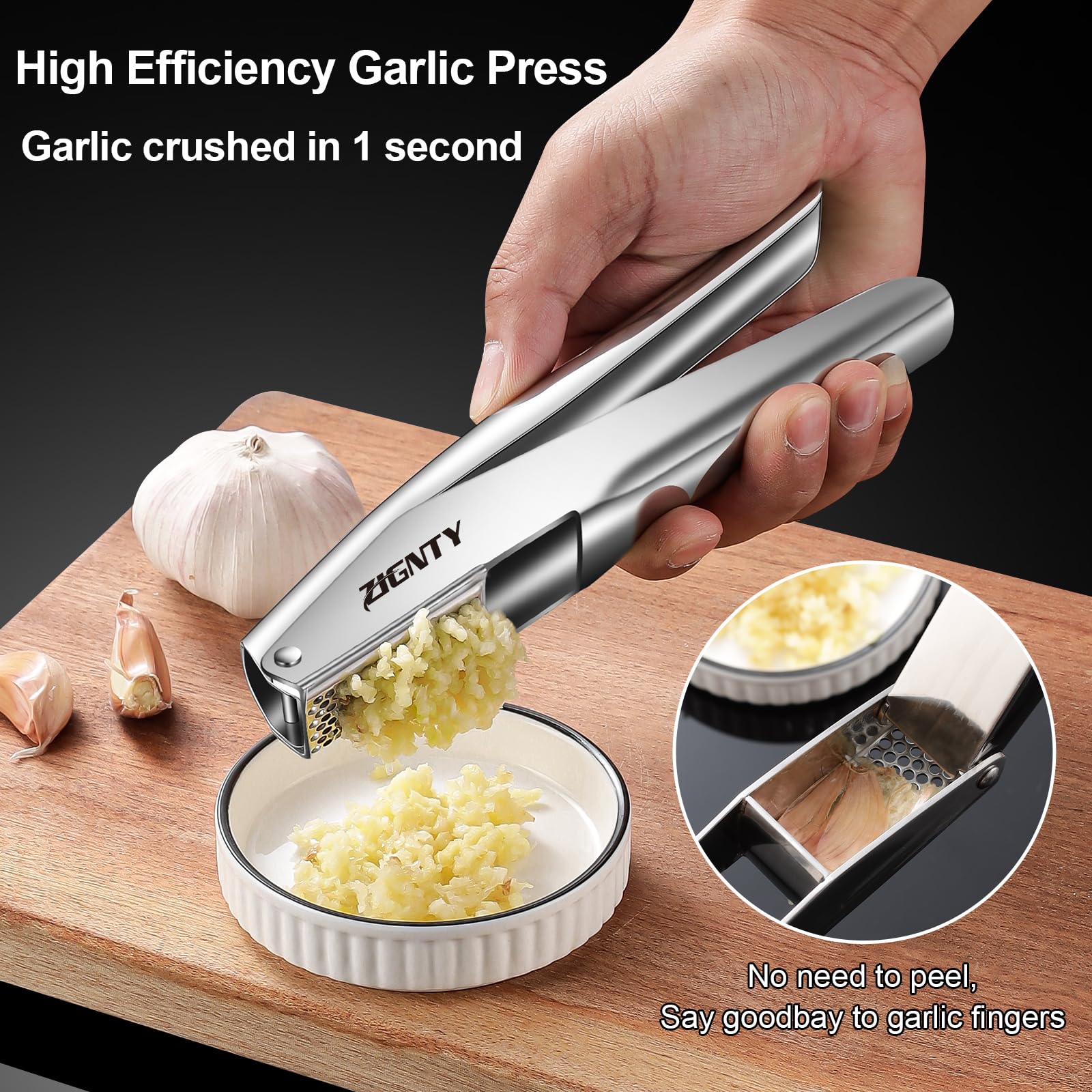 ZIGNTY garlic press brush aids effortless cleaning after use.