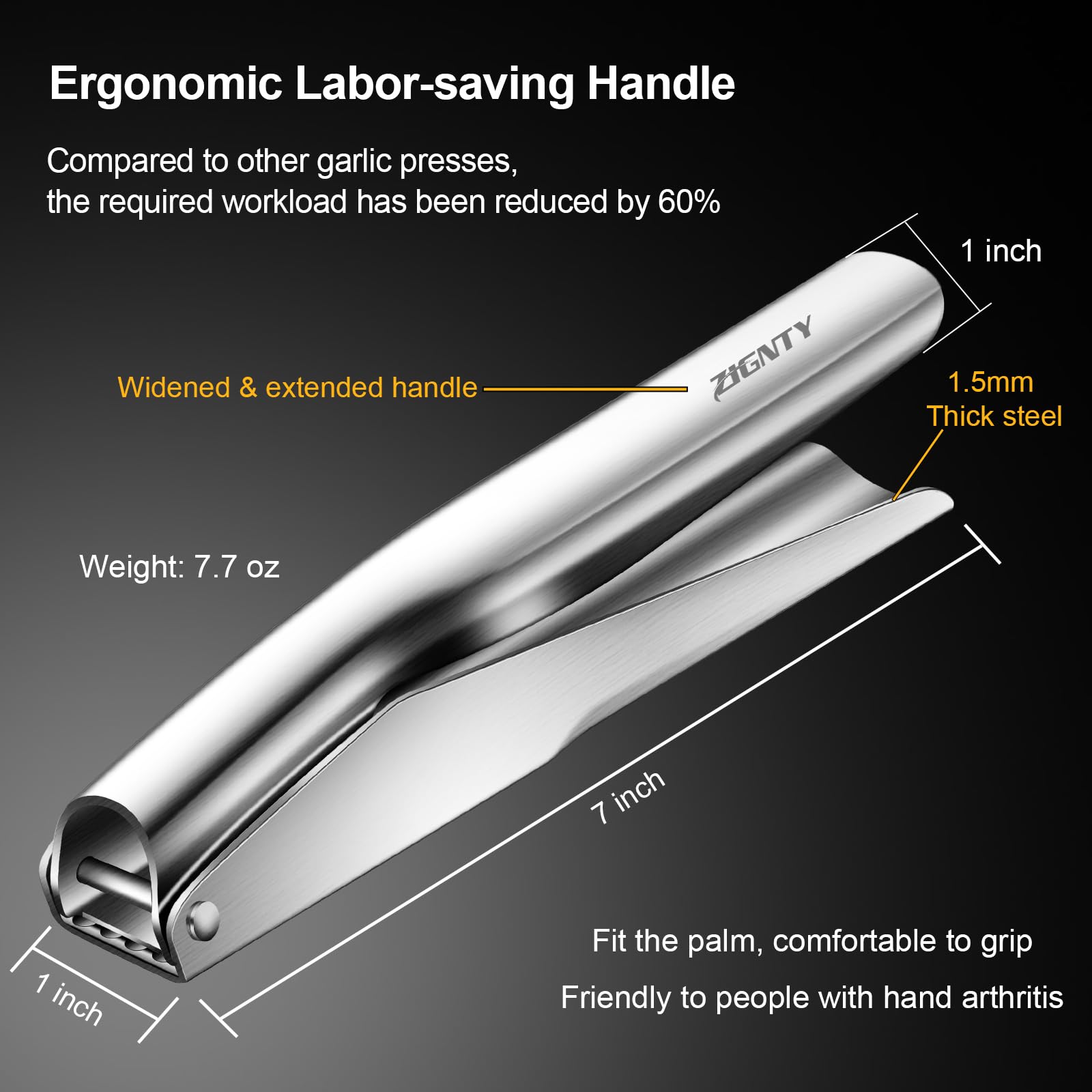 ZIGNTY garlic press large trough for batch mincing of multiple cloves.