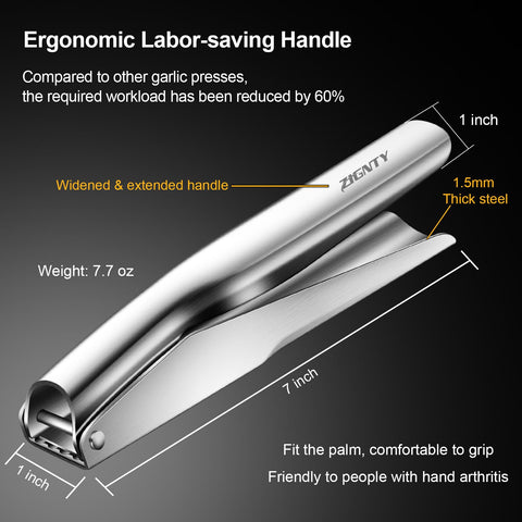 ZIGNTY garlic press large trough for batch mincing of multiple cloves.