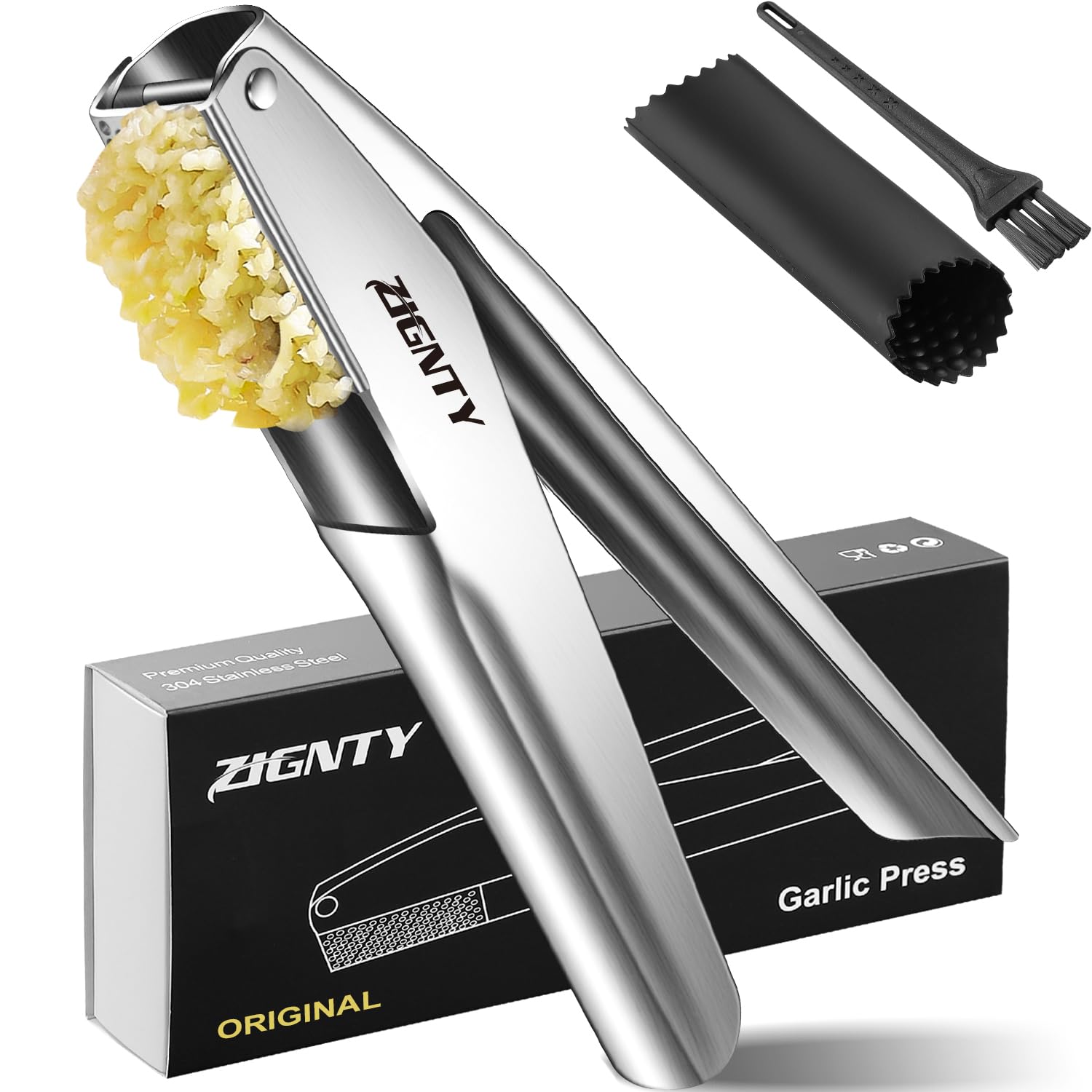ZIGNTY garlic press in stainless steel for efficient mincing and easy cleanup.