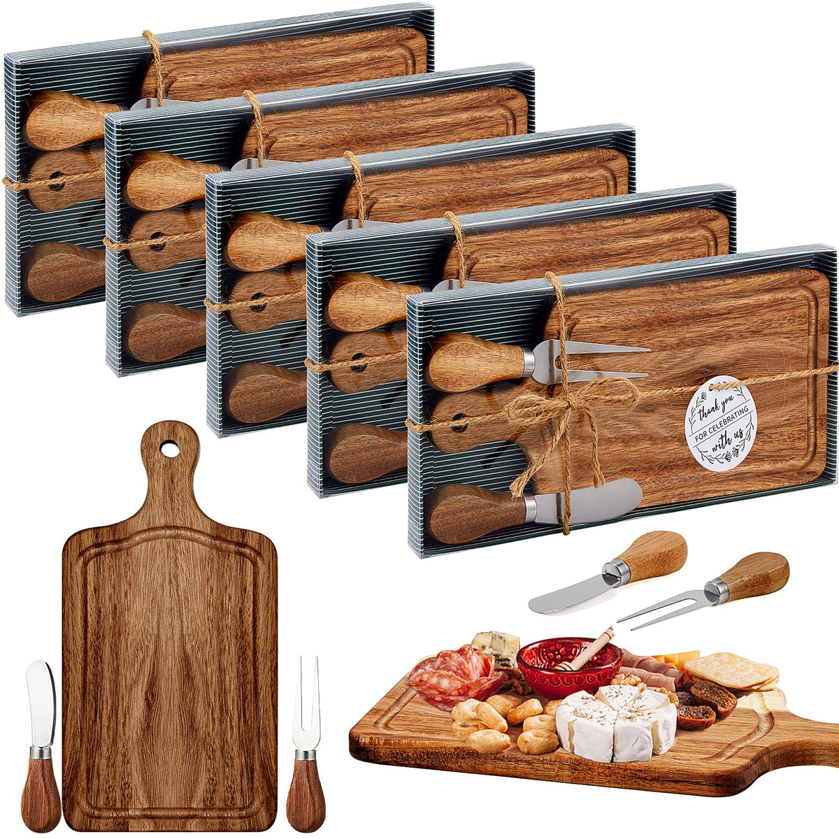 Ziliny 5-set bridal shower cheese boards in acacia finish for elegant guest prizes