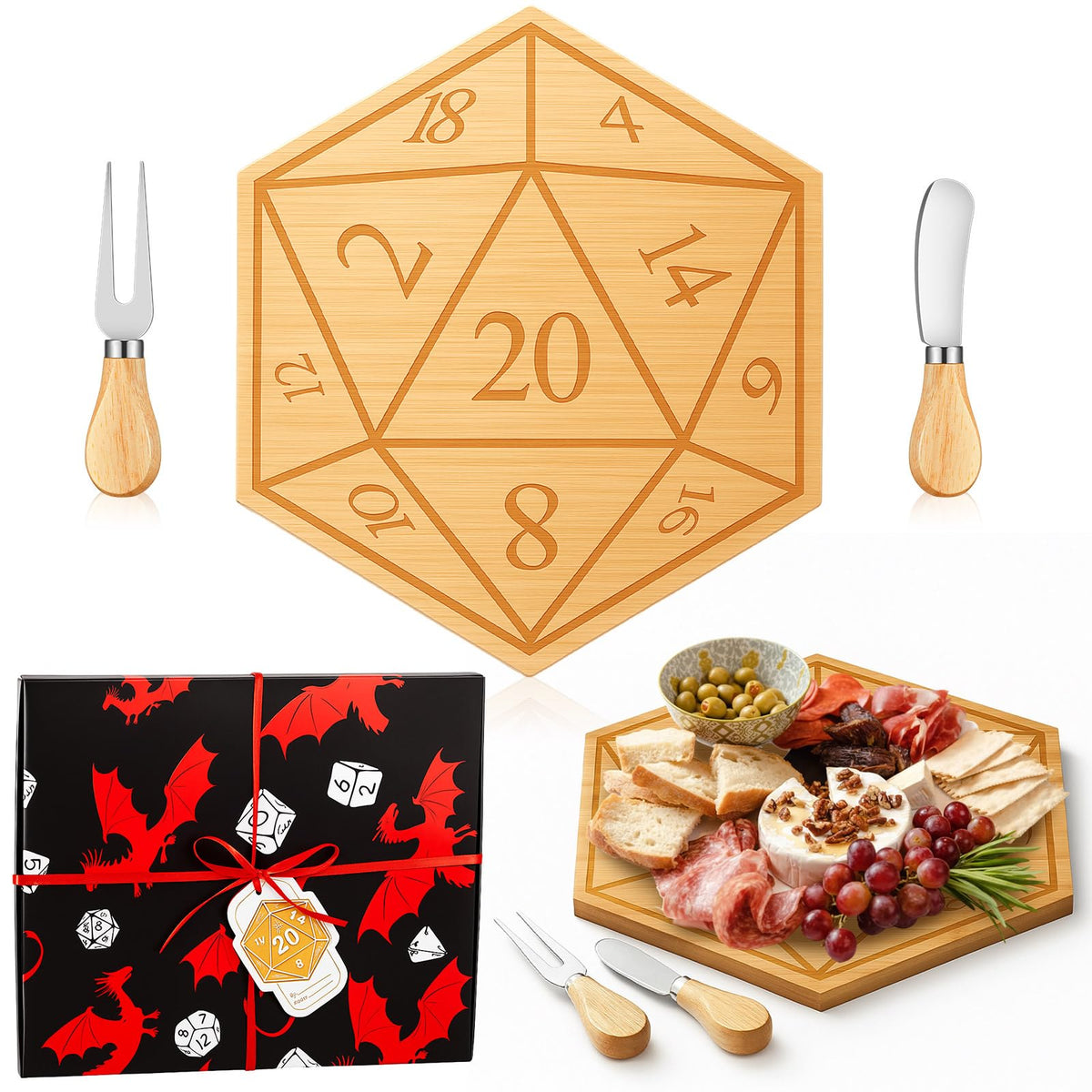 Ziliny D20 bamboo charcuterie board with dice pattern for stylish entertaining.