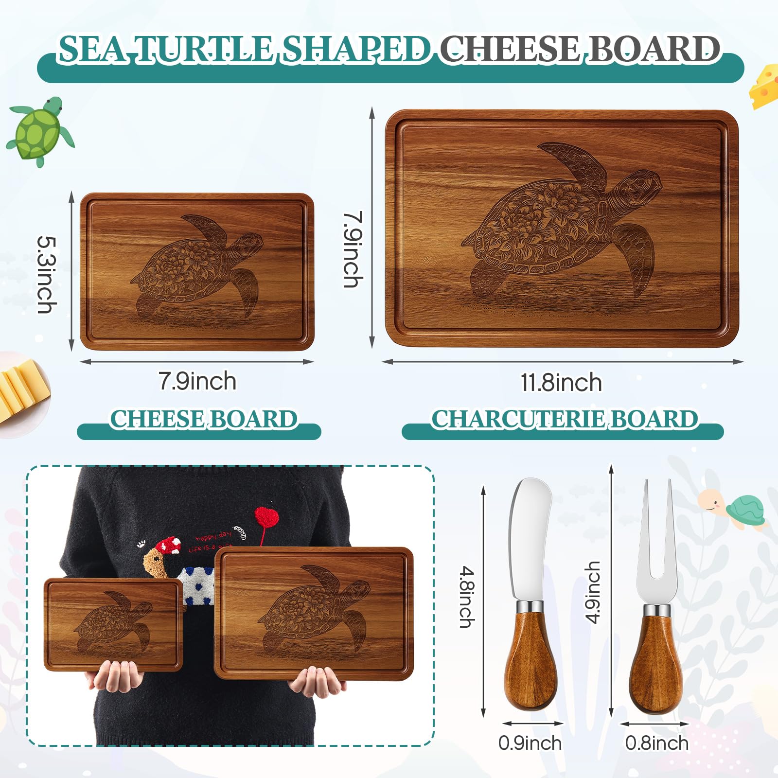 Ziliny sea turtle charcuterie board close-up on acacia wood.