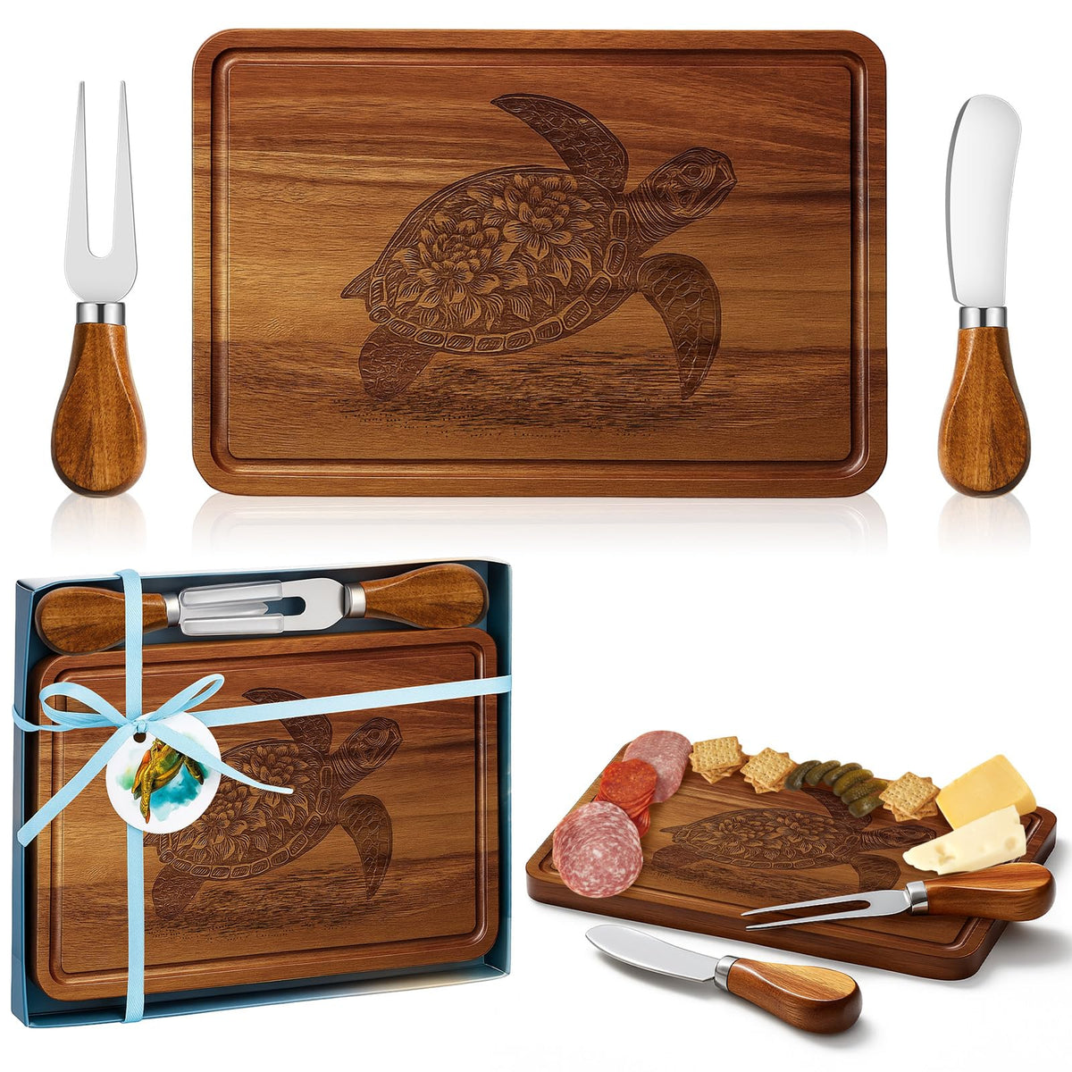Ziliny sea turtle cheese board with knife and fork for stylish entertaining.