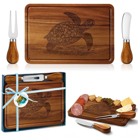 Ziliny sea turtle cheese board with knife and fork for stylish entertaining.