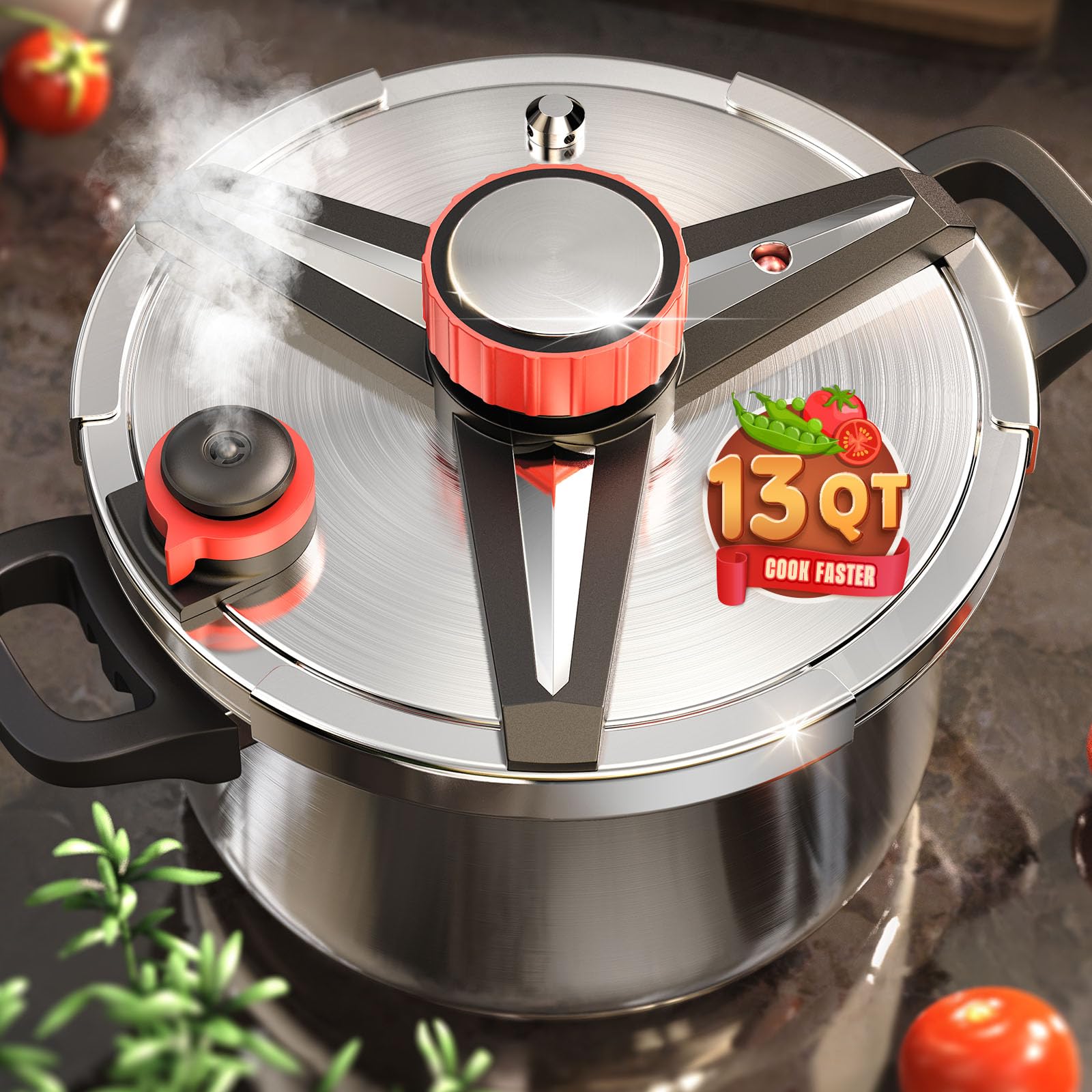 ZILODE 13QT pressure cooker tri-arm stainless steel body for durable, fast cooking.