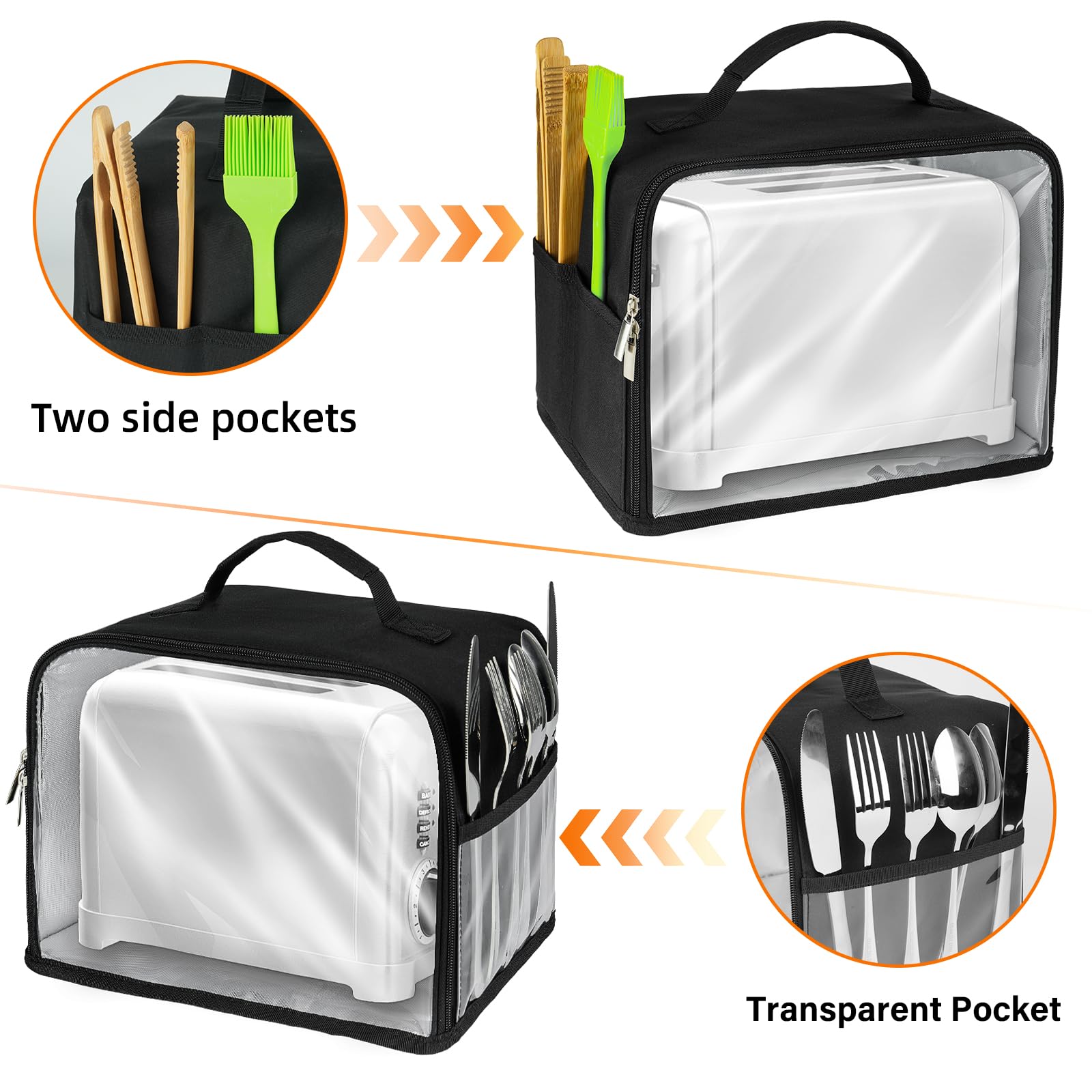 Toaster cover with sturdy handle and side pockets for utensils