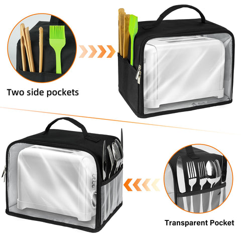 Toaster cover with sturdy handle and side pockets for utensils