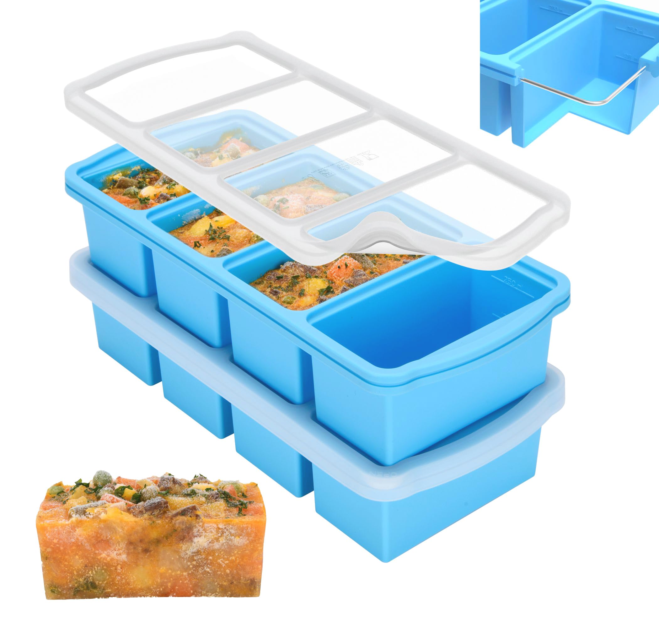 Zip Standing silicone freezer trays with lid, 1-cup compartments for precise portions.
