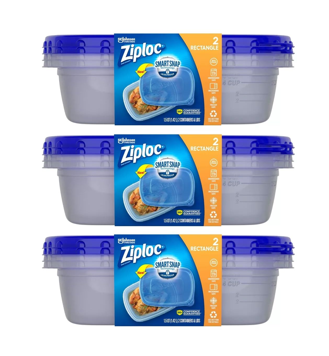 Ziploc Smart Snap rectangle containers with secure lids for fresh meals on the go.