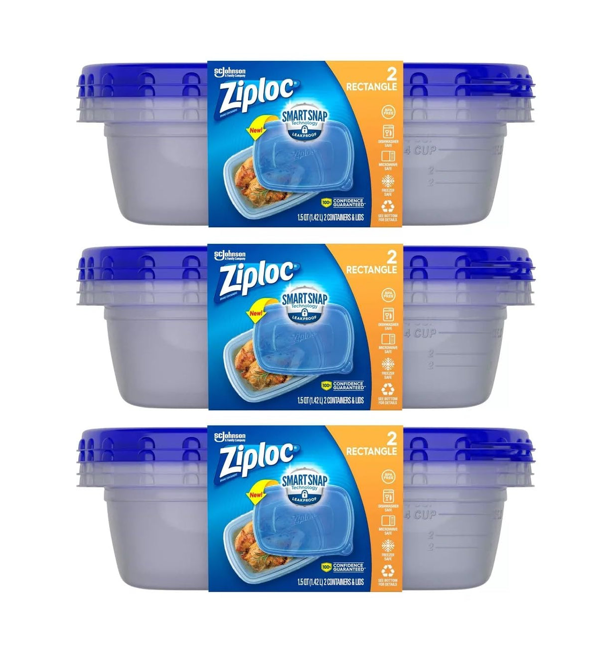 Ziploc Smart Snap rectangle containers with secure lids for fresh meals on the go.