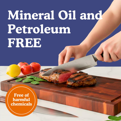 Ziruma cutting board with built-in juice groove to prevent spills during carving.