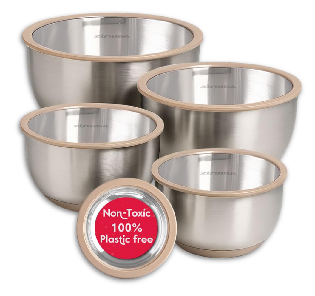 Ziruma non-toxic mixing bowls with glass lids for airtight plastic-free storage.