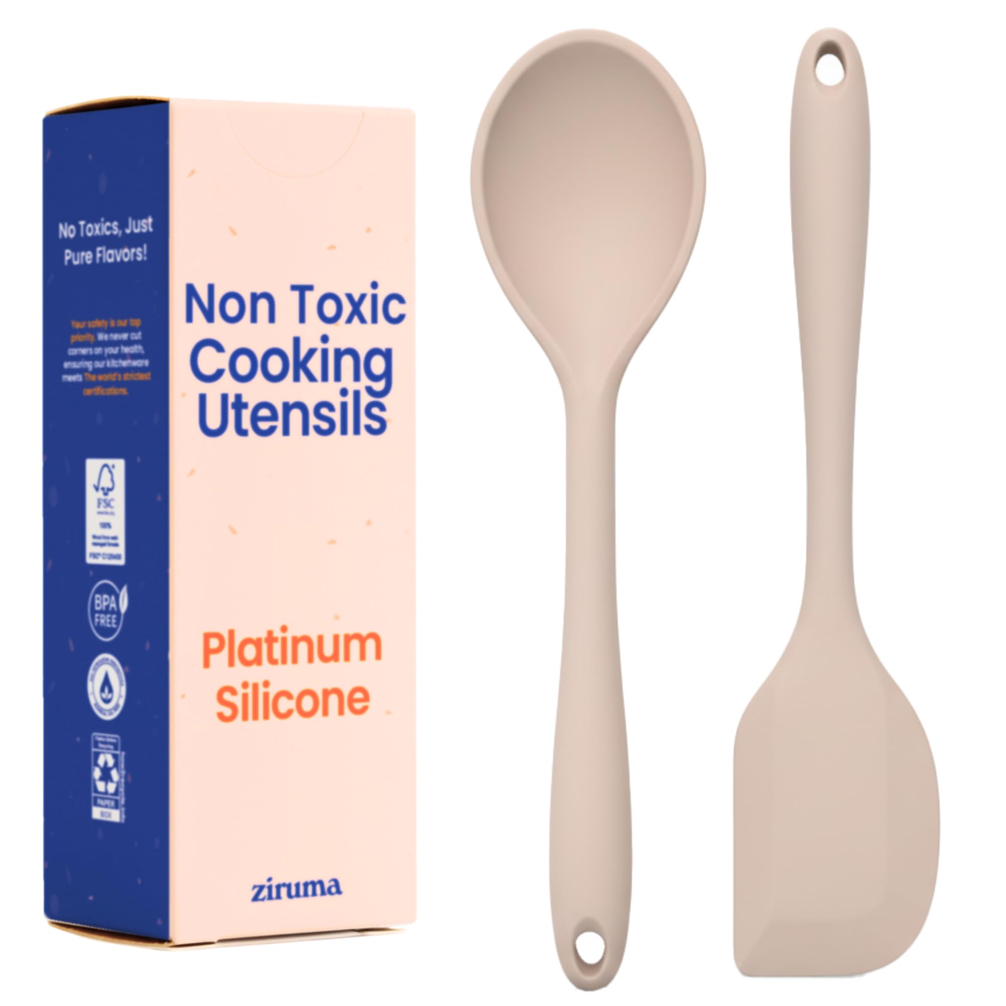Ziruma two-piece beige silicone utensil set for everyday cooking.
