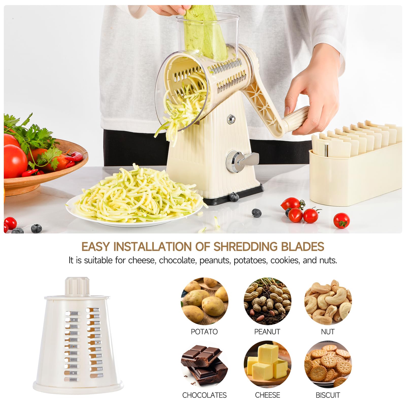 Interchangeable blades for Ziweaye rotary grater versatility