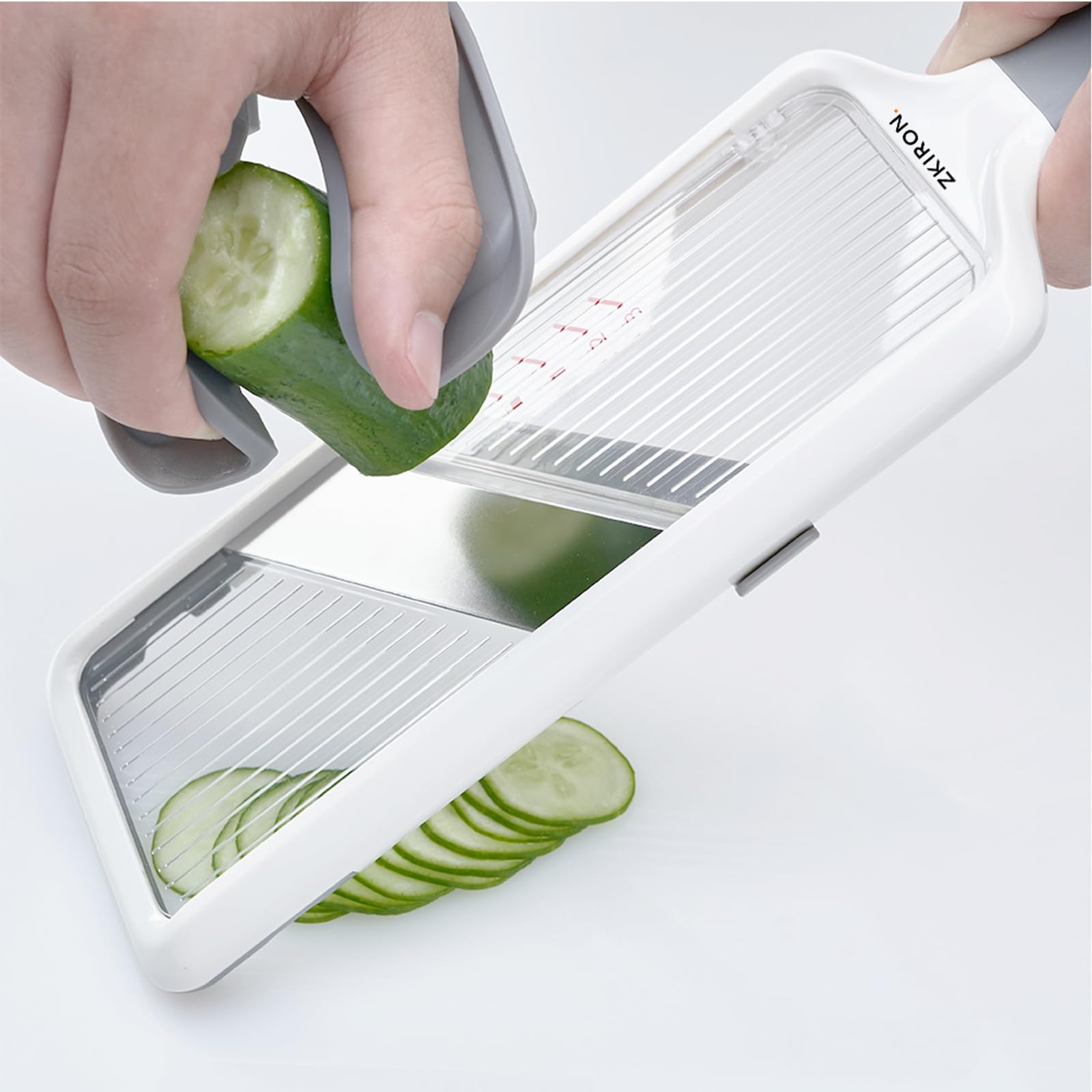 ZKIRON hand mandoline shows a secure grip and stable base for safe slicing