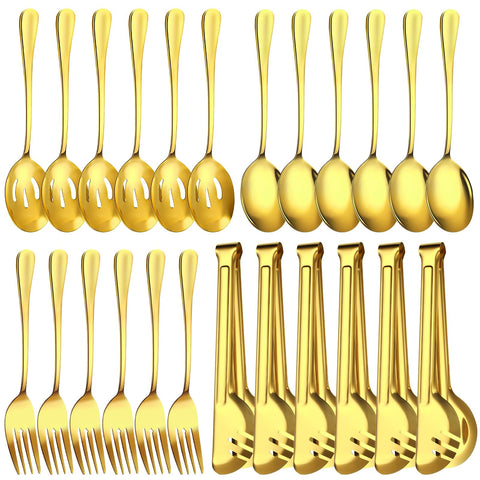ZLMTZDJD 24pc serving utensils set, gold finish, ideal for elegant buffet service.