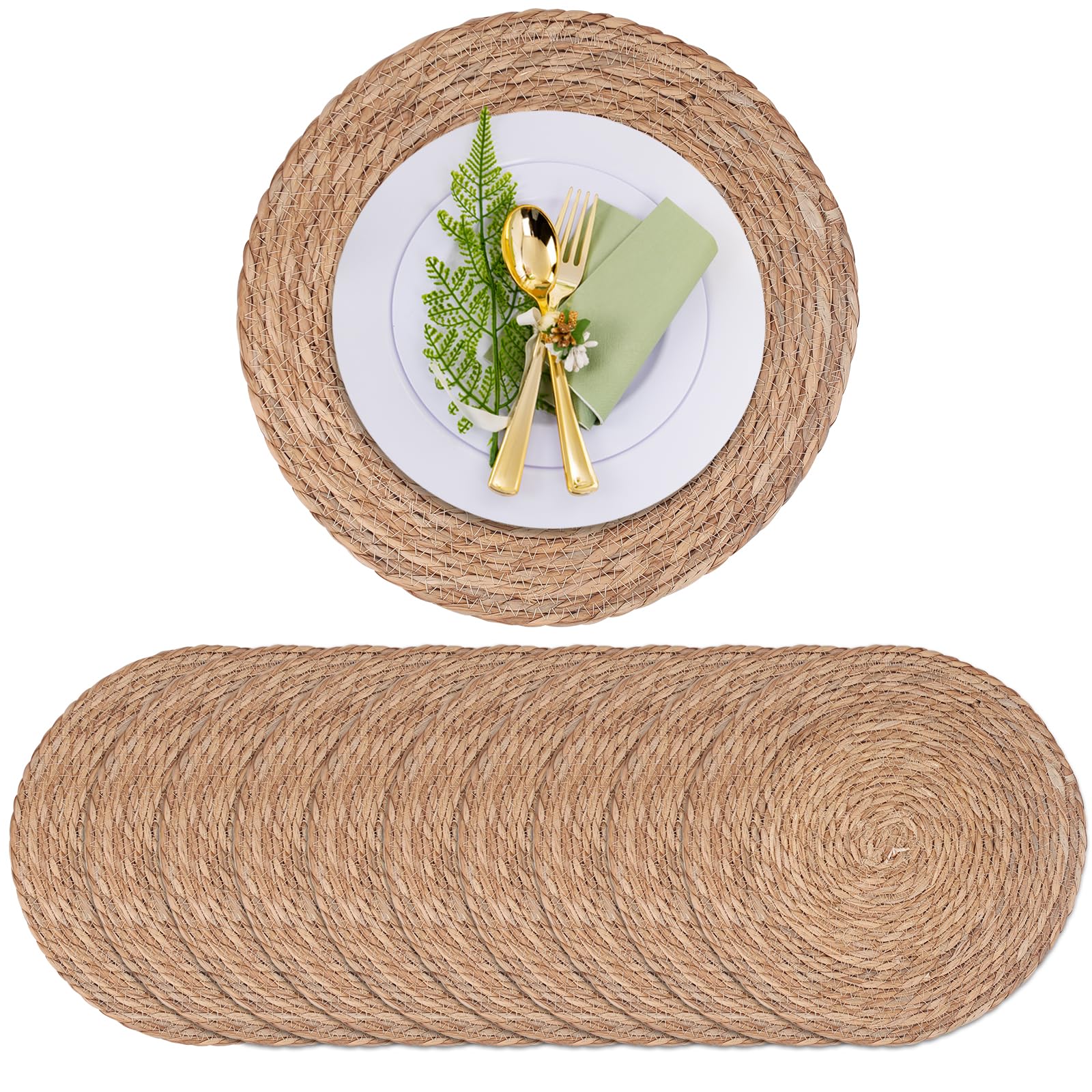 ZLMXXT round woven placemats 13in provide elegant heat protection for dinner settings.