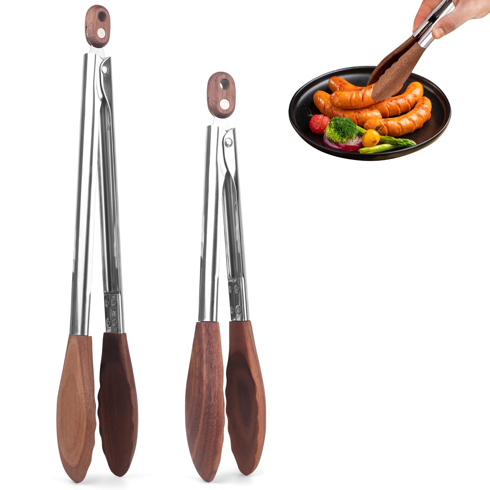 ZLMXXT 2pc wooden tongs with natural walnut tips for safe grilling and serving