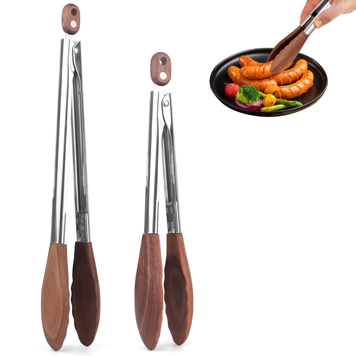 ZLMXXT 2pc wooden tongs with natural walnut tips for safe grilling and serving