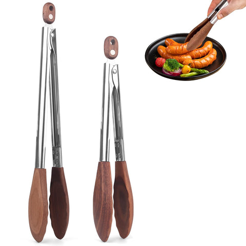 ZLMXXT 2pc wooden tongs with natural walnut tips for safe grilling and serving
