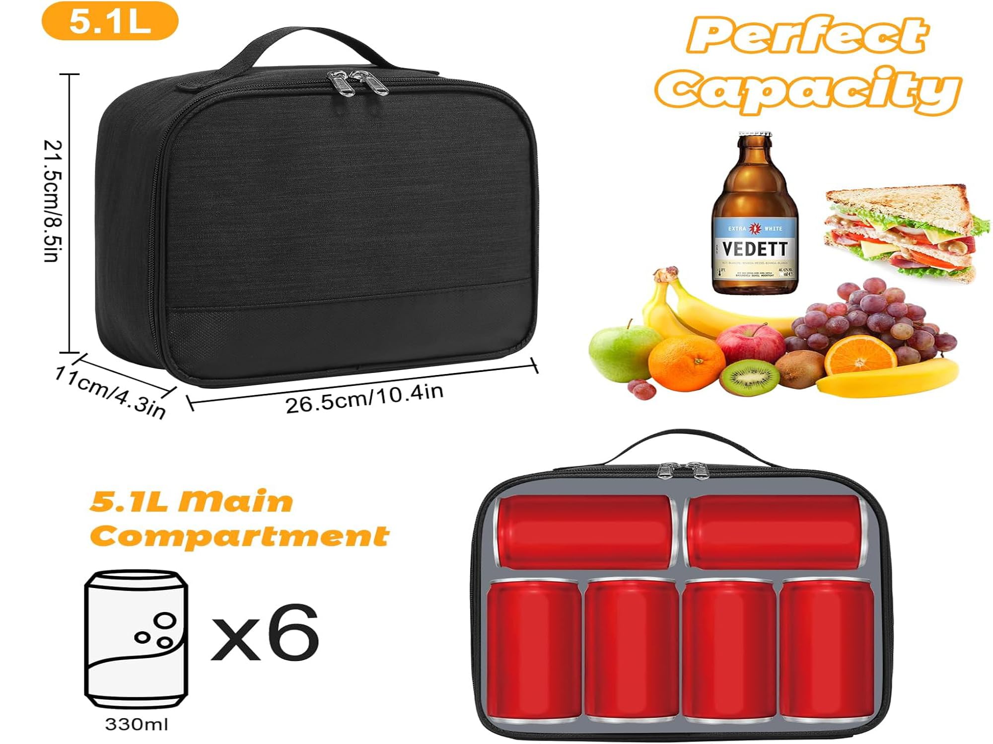 ZM-YOUTOO lunch box capacity fits six soda cans for sharing.