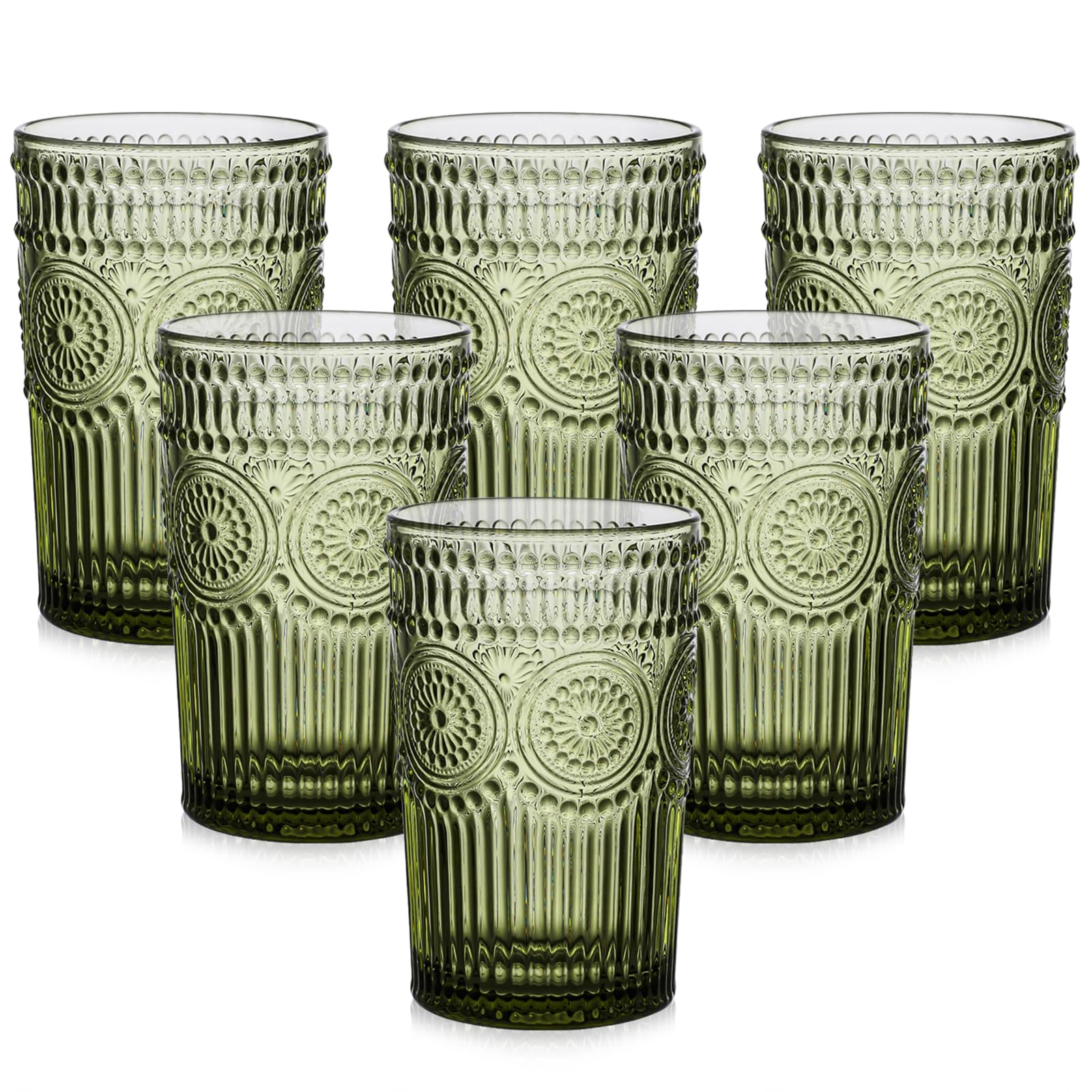 ZMOWIPDL vintage glassware set, six 13oz green textured flower glasses for entertaining