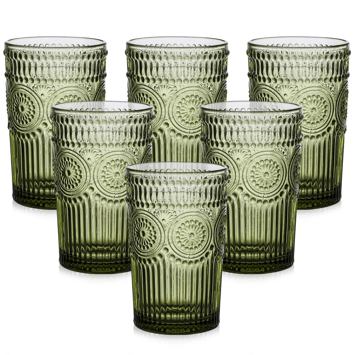 ZMOWIPDL vintage glassware set, six 13oz green textured flower glasses for entertaining