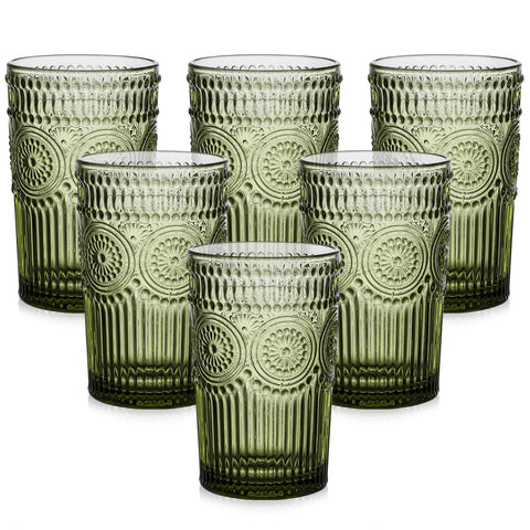 ZMOWIPDL vintage glassware set, six 13oz green textured flower glasses for entertaining