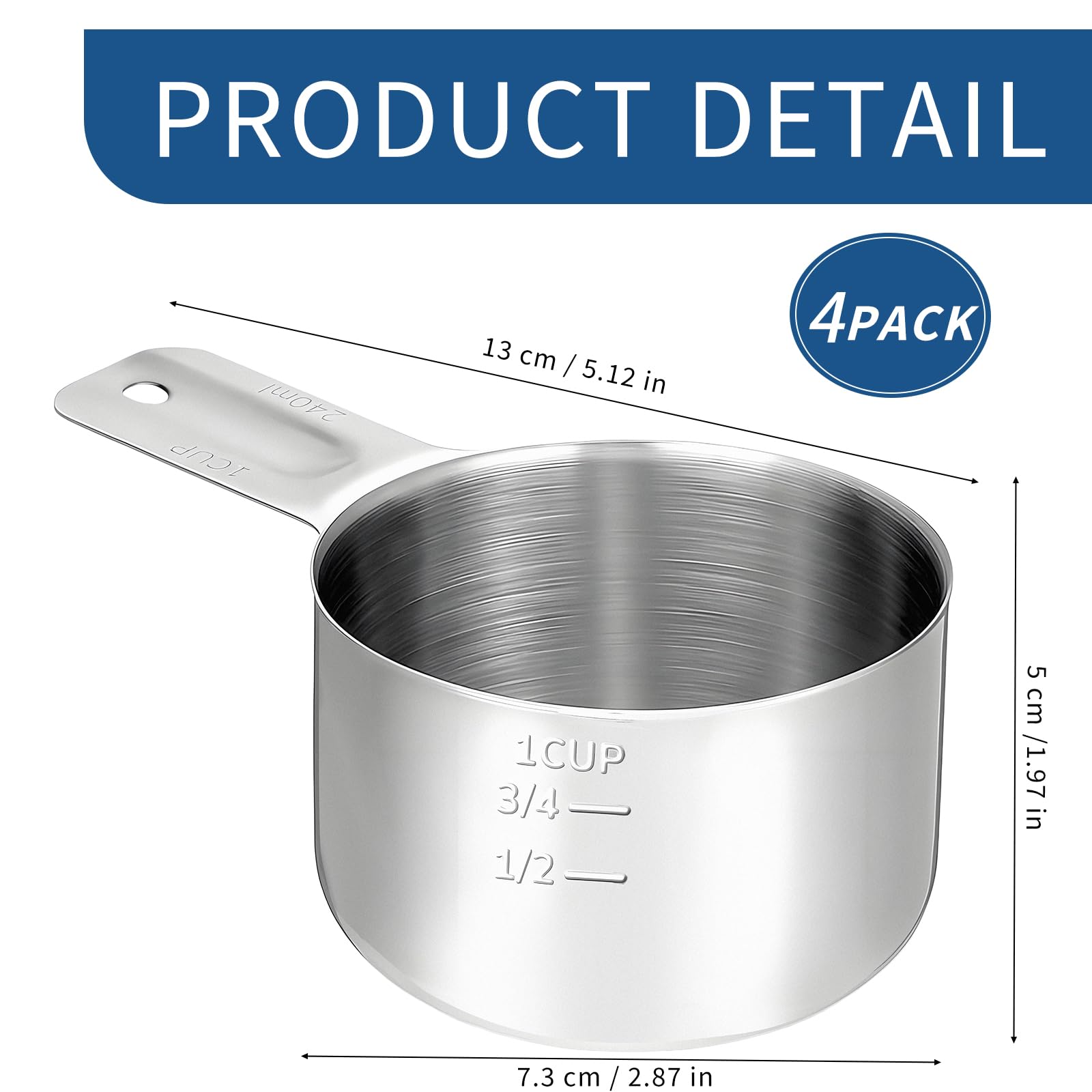 Sleek 304 stainless steel measuring cups with a comfortable handle for easy pouring