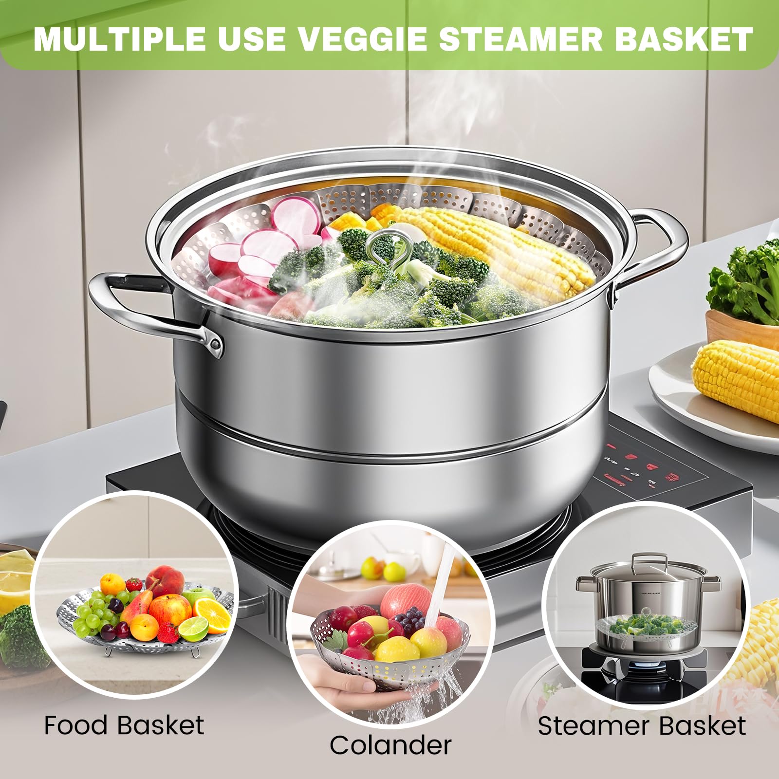 ZOCY steamer basket folded to half size for space-saving storage.