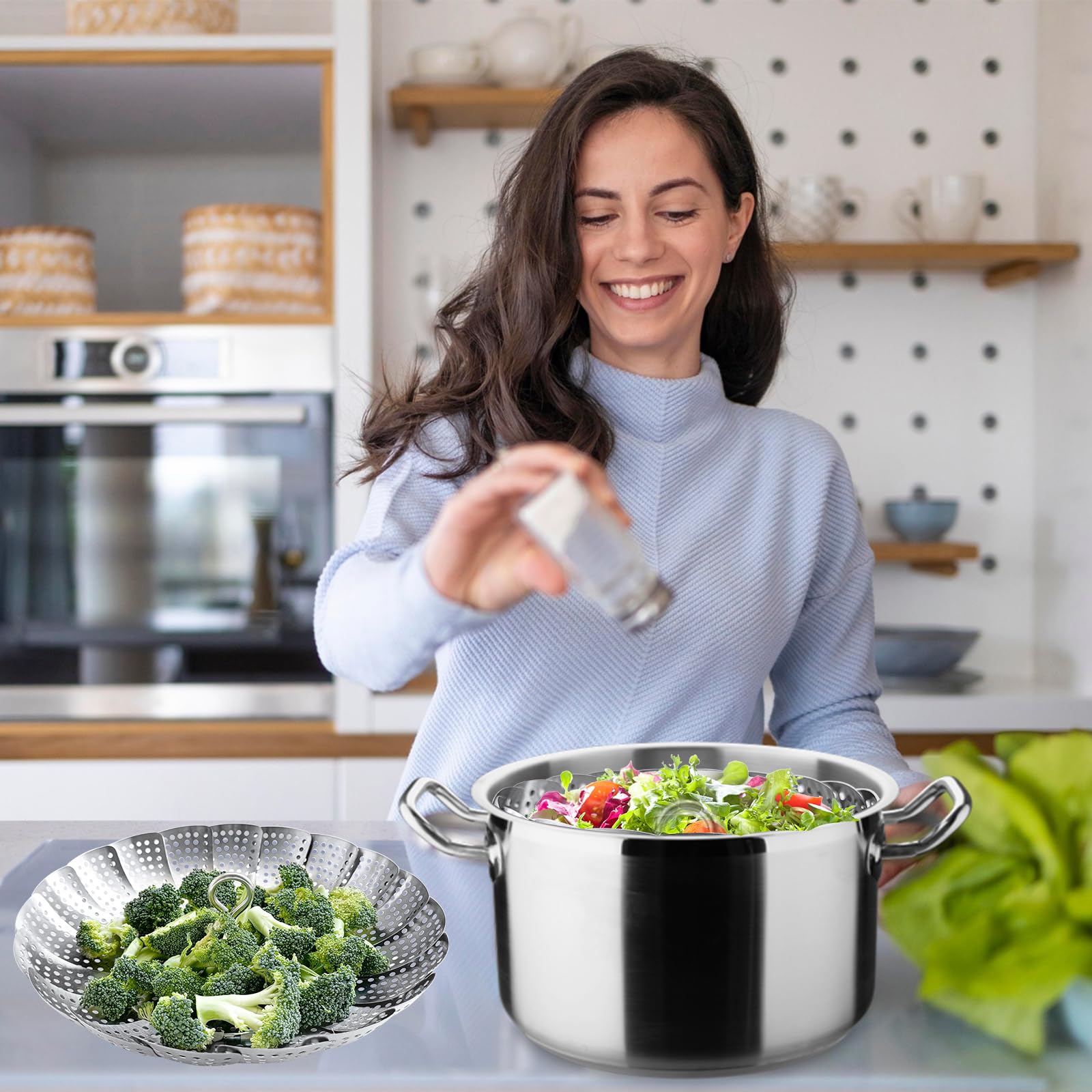 ZOCY Steamer Basket expanded to fit 6.1–10.2 inch pots for flexible cooking.