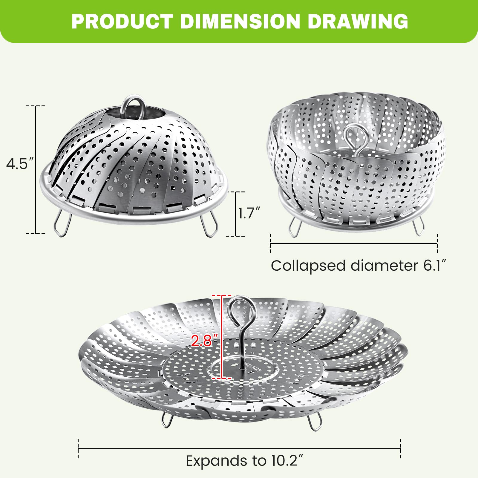 ZOCY steamer basket used in multiple functions for vegetables, seafood, eggs, and more.