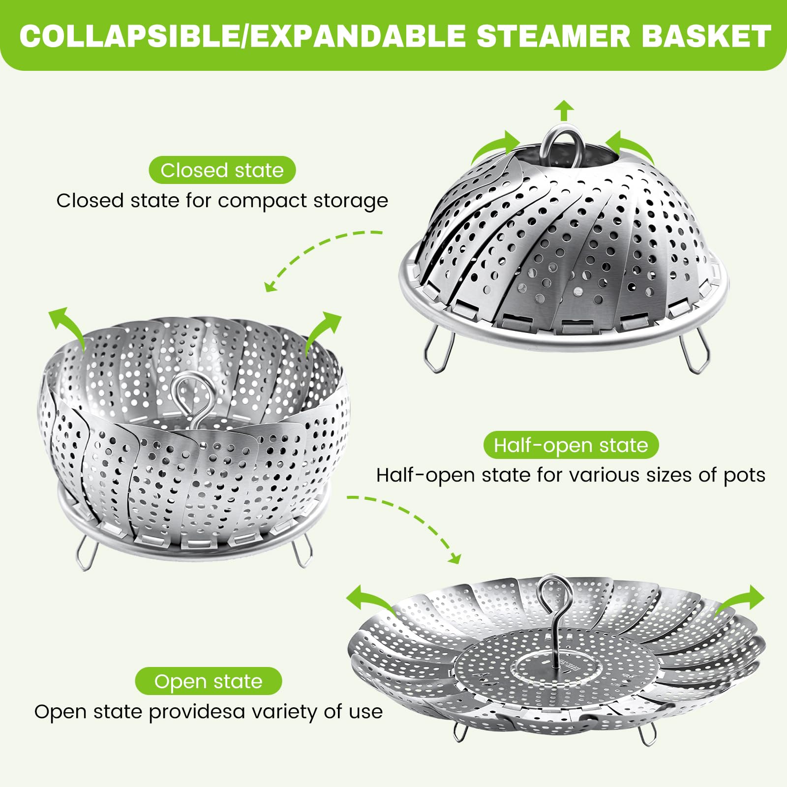 ZOCY stainless steel steaming basket with even heat and drainage for vegetables and seafood.