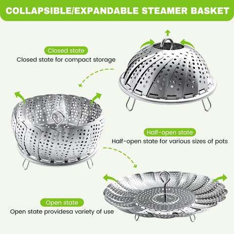ZOCY stainless steel steaming basket with even heat and drainage for vegetables and seafood.