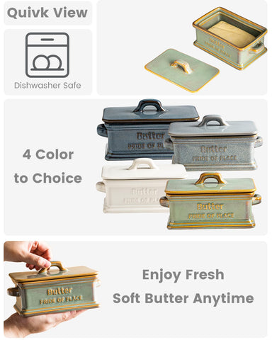 Zoeeker butter dish on kitchen counter with green glaze.