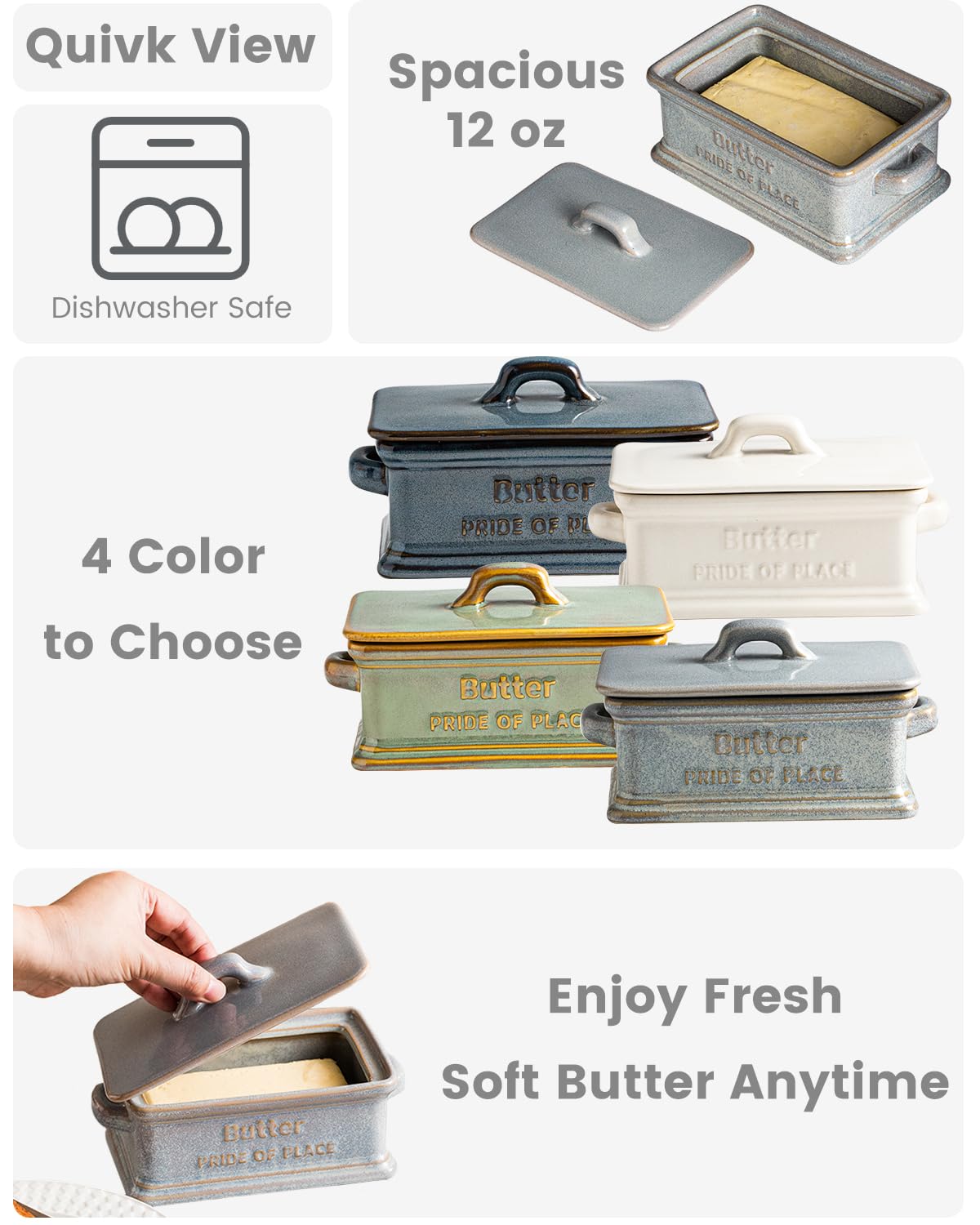 Zoeeker gray finish butter keeper blends with farmhouse decor.