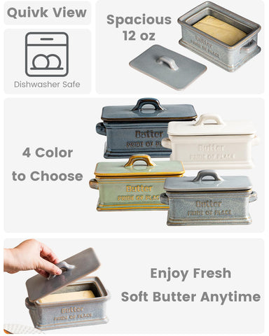 Zoeeker gray finish butter keeper blends with farmhouse decor.
