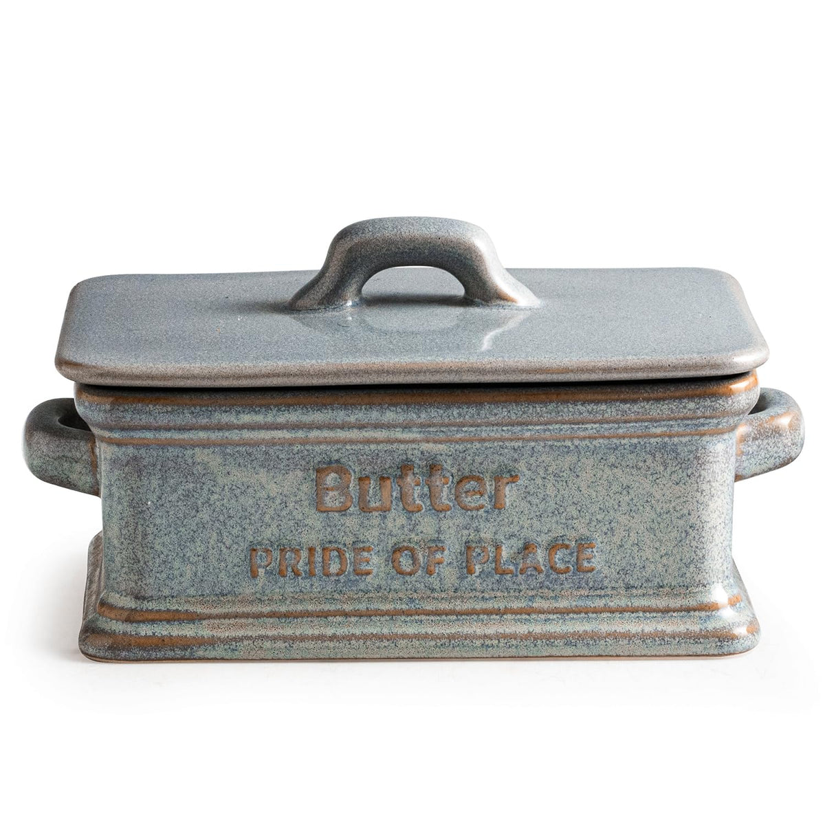 Zoeeker butter dish with lid on counter keeps butter fresh and ready to spread.